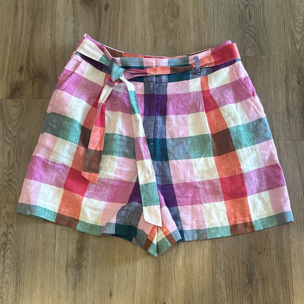 BODEN Alma Tie Waist Linen Shorts Bonbon Pink, Flambe Check. RARE Multicolor - Picture 10 of 12
